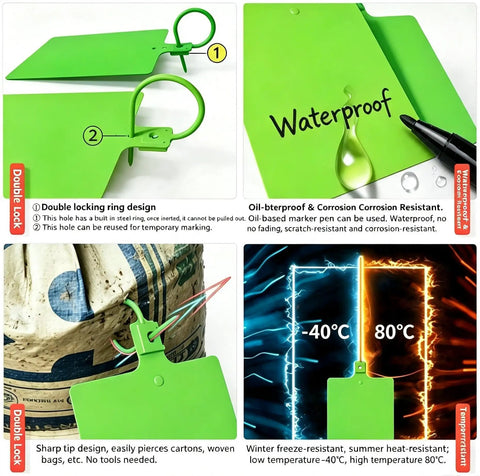 Large 50 Pack Plastic Shipping Tags With Metal Insert Lock 4x3.2 Inch Waterproof Blank Cargo Labels For Heavy Duty Logistics And Asset Tracking showing double locking ring design and waterproof features.
