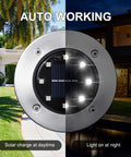 Outdoor Solar Ground Lights 16 Pack No Fuss 8 LED Per Light, Waterproof Disk Pathway Lights in daylight and night view