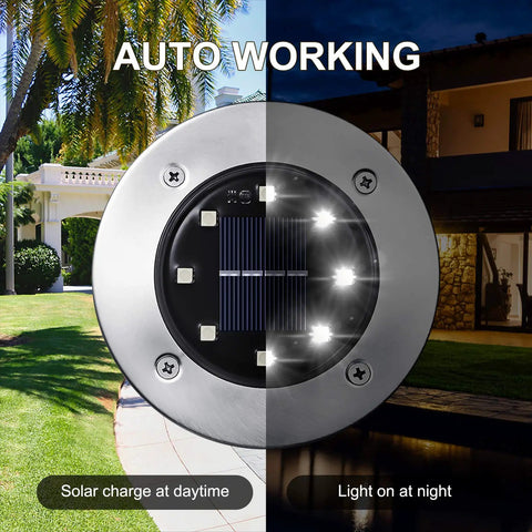 Outdoor Solar Ground Lights 16 Pack No Fuss 8 LED Per Light, Waterproof Disk Pathway Lights in daylight and night view
