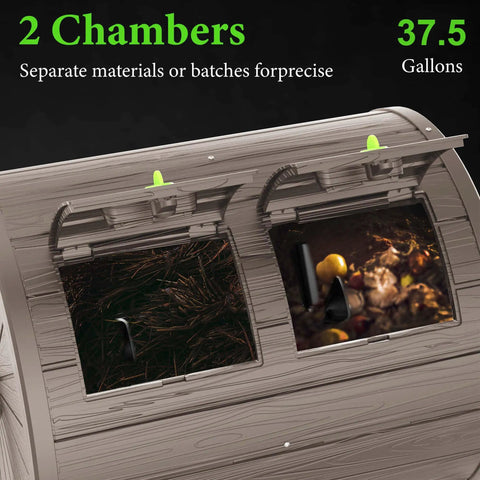 Close-up of dual-chamber 37.6 gallon outdoor compost bin showing separate chambers with rotating drum, gray color.
