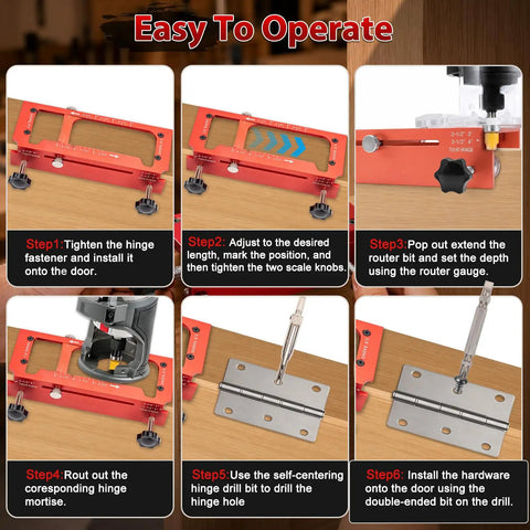 Step-by-step guide for using the Heavy Duty Aluminum Alloy Door Hinge Jig And Lock Latch Installation Kit for precise mortise cutting.