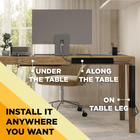 5 Pack 16 Inch J Channel Cable Management Kit For Under Desk Setup shown mounted under and along table, black raceways.