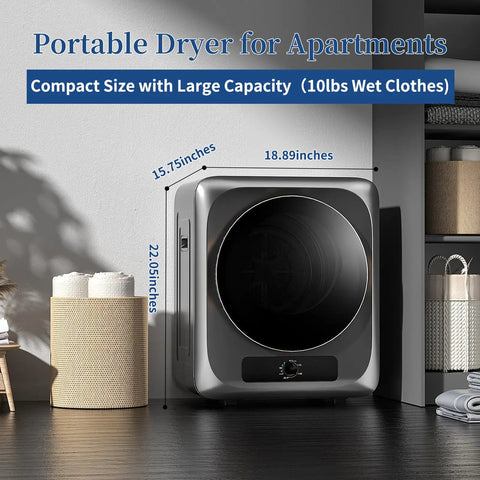 Portable Dryer for Apartments, compact size with 10lbs capacity, 15.75x18.89x22.05 inches dimensions, stainless steel design.