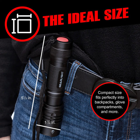 Ultra Bright Tactical Flashlight For EDC Mini Size Compact Powerhouse secured on a belt, showing dimensions and features.