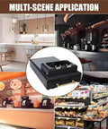 High Torque Electric Portafilter Cleaner With 58mm Brush And Scraper Set 300 Rpm setup in a modern coffee shop setting.