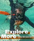 Swimmer underwater with Open Water Swim Buoy With 15L Dry Bag and Rest Handle, high visibility orange in clear water.