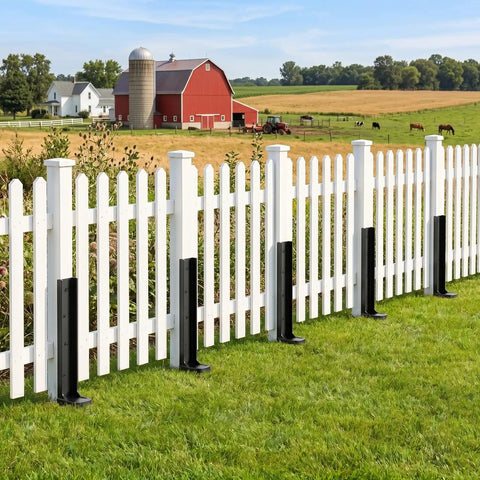 Heavy Duty Fence Post Repair Kit Featuring Rock Solid Steel Anchors and Beefy L Shaped Stakes for mailboxes and fences next to a white picket fence.