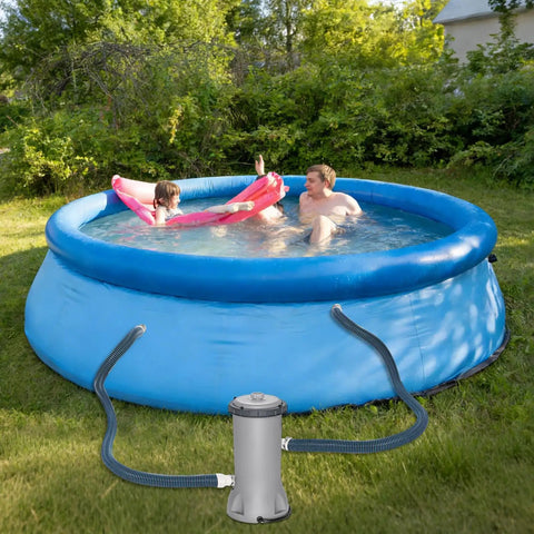 2 Pack 1.25 Inch By 59 Inch EVA Pool Replacement Hoses attached to blue above ground pool with pump system