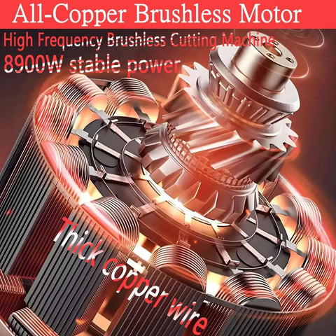 Close-up view of the all-copper brushless motor for Heavy Duty Electric Concrete Circular Saw Featuring A Massive 8900 Watt Copper Motor And 3000 RPM Diamond Ring Blade For Snapping Through Thick Walls Smooth As Butter.