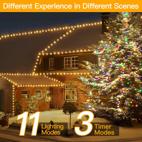 House decorated with Ultra Long 262 Foot 800 LED IP67 Waterproof Outdoor Christmas Lights, warm white to multicolor, on roof and tree.