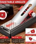 Upgraded Honing Guide Tool for Short Chisels and Planes, Off Center Sharpening Holder With Adjustable Angles From 0.2 to 2.55 Inches, Red, adjustable angles feature with aluminum body and off-center roller