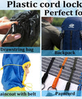 Ten Pack Paracord Cord Locks For Drawstrings Plastic Cord Lock Toggle Spring Stopper Clasp Easy Install Elastic Shoelace Tie Locks For Sweatpants Hoodies Shoes And Bungee Gear Ends Replacement Fits Up To 4.5 mm Rope, black plastic cord lock on drawstring bag