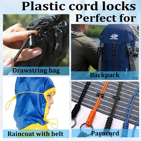 Ten Pack Paracord Cord Locks For Drawstrings Plastic Cord Lock Toggle Spring Stopper Clasp Easy Install Elastic Shoelace Tie Locks For Sweatpants Hoodies Shoes And Bungee Gear Ends Replacement Fits Up To 4.5 mm Rope, black plastic cord lock on drawstring bag