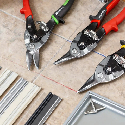 Heavy Duty Aviation Tin Snips Set Pro Grade 3 Piece 10 Inch Sheet Metal Cutters With Serrated CR-V Steel Blades Safety Lock Ergonomic Handles