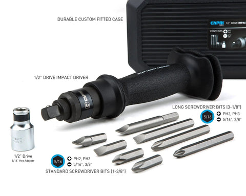 Premium Manual Hammer Impact Driver Set For Brake Caliper Screws Reversible 1/2 Inch Drive Beefy All Steel Construction showing case and bits