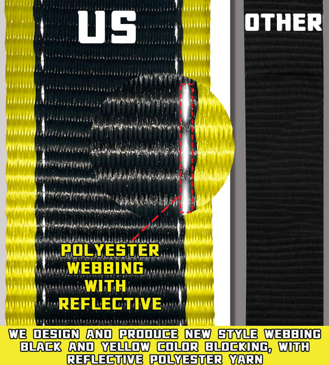 Reflective black and yellow webbing for Heavy Duty Car Trailer Tie Down Straps Kit comparison with text overlay.