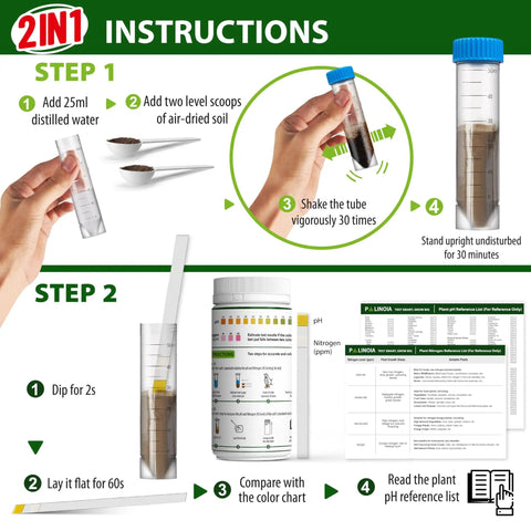 All In One Soil pH And Nitrogen Testing Kit 100 Pack with instructions for using the pH tester and nitrogen test tube