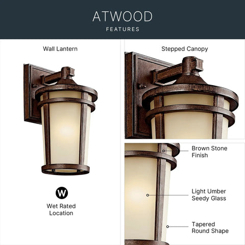 Atwood 11 Inch Outdoor Wall Light In Brown Stone Finish With Light Umber Mist Glass, 1 Light Exterior Wall Sconce