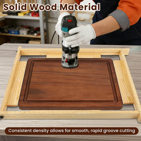 Person using Pro Grade Adjustable Juice Groove Router Jig With Precision Scale And Solid Wood Template Frame For Cutting Boards And Woodworking Creating Perfect Square Grooves Every Time