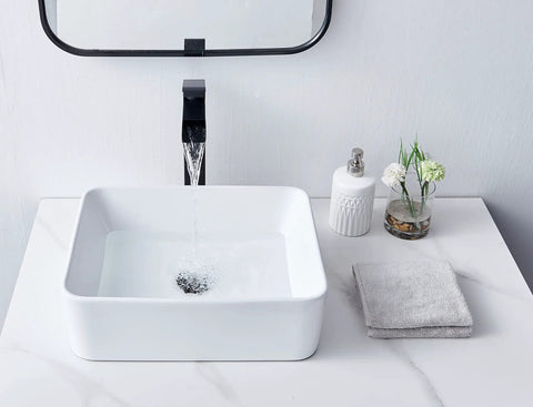 Rectangular Vessel Sink For Bathroom White Ceramic Above Counter Lavatory Basin 16 By 12 Inch Modern Sleek Look