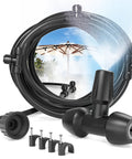 Outdoor Patio Misting System Kit 20Ft With Upgraded 4th Gen Nozzles displayed with installation clips and misting hose