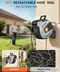 Retractable Garden Hose Reel With Auto Rewind And Wall Mount, 50 Ft Heavy Duty Hose Storage in use, gray, side wall mounted