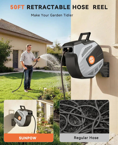 Retractable Garden Hose Reel With Auto Rewind And Wall Mount, 50 Ft Heavy Duty Hose Storage in use, gray, side wall mounted