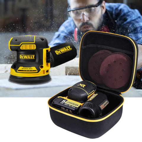 Hard Travel Case For Dewalt 20V Max Orbital Sander DCW210B Case Only with rugged shell, yellow zipper, shown open with sander inside