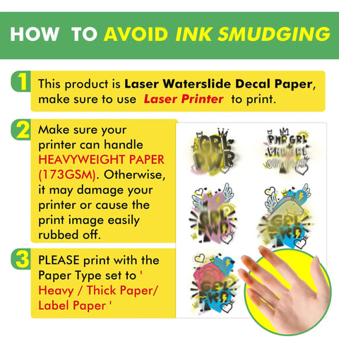 Instructions for using Clear Waterslide Decal Paper For Laser Printers with images and tips to avoid ink smudging.
