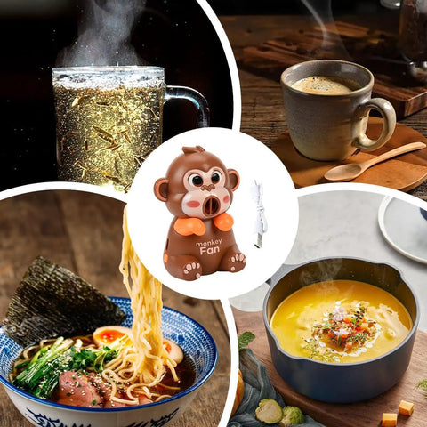 Rechargeable Usb Desktop Cooling Fan For Mugs And Bottles With Adjustable Speed Settings To Keep Coffee Tea Milk Water Frosty And Beat The Heat All Day Long with monkey design, on a table with food and drinks.