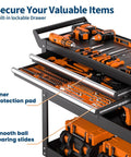 Beefy Five Tier Rolling Tool Cart On Wheels With 400 Lbs Capacity, lockable drawers, visible ball bearing slides holding tools.