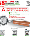 58mm bottomless portafilter for Breville machines with wooden handle, ideal for espresso diagnostics and brewing.