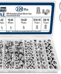 Beefy Stainless Steel Rivet Nut Assortment Kit 220 Pieces With Five SAE Sizes including Eight-32 Ten-24 displayed in organizer