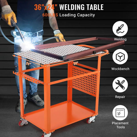 Rock Solid Welding Workbench Table 35X24 Inches With Lockable Swivel Casters And Adjustable Tool Tray Heavy Duty Carbon Steel Fabrication Bench in use.