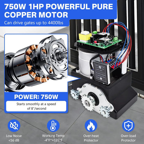 Heavy Duty 4400lb Automatic Sliding Gate Opener Kit With APP Control 750W Motor Remote Kit close-up view of motor assembly
