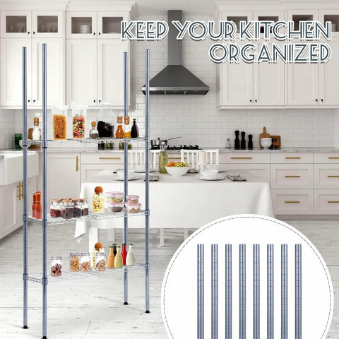 4 Pack 74 Inch Wire Shelving Post Set With Eight Heavy Duty Chrome Pole Sections And Fifty Shelf Clips shown in kitchen