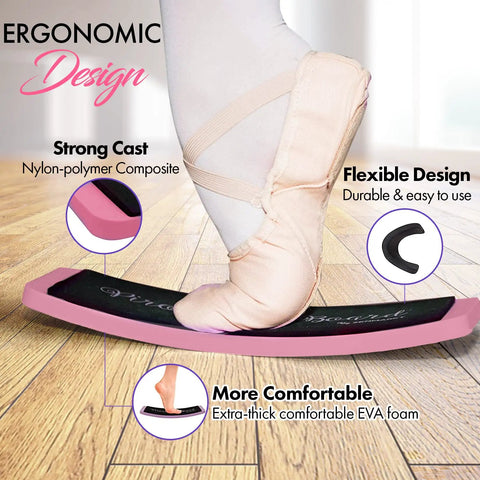 Ballet leg on Portable Turning Board For Dancers Ballet Spin Board Ice Skaters Cheerleaders And Gymnasts to Improve Turns Balance and Stability Travel Size Twelve Inches Long Three Point Five Inches Wide Six Ounce Weight Ideal For Home Studio Practice On The Go, showing flexible design on wooden floor.