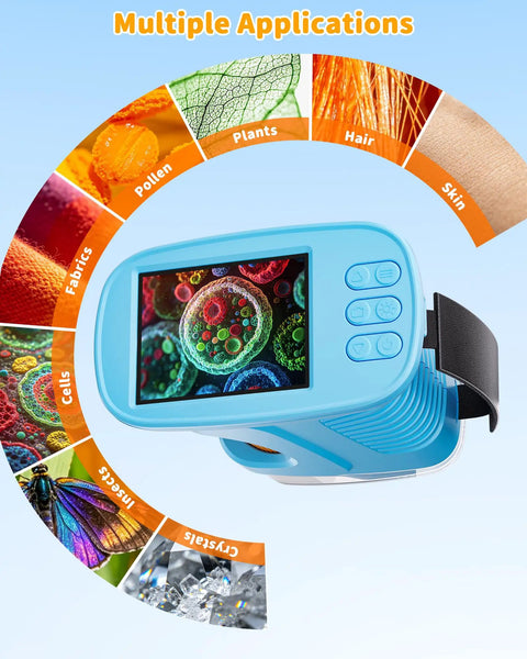 Kid Friendly Handheld Microscope With 4K Live View, 2.4 Inch IPS Screen, 1000x Magnification, Built In Camera, 12 Prepared Slides, STEM Educational Toy for Learning and Exploration, Perfect Gift for Ages 3 to 12 showing cells, plants, hair, skin, pollen