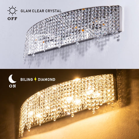 Crystal Drape Vanity Light 24 Inch Chrome Over Mirror For Powder Room, Bling Linear Wall Sconce with Sparkling Crystals