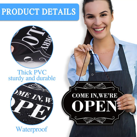 Woman holding waterproof double sided open or closed sign for business with rope hanging, 11.8 x 7.9 inches, thick PVC material.