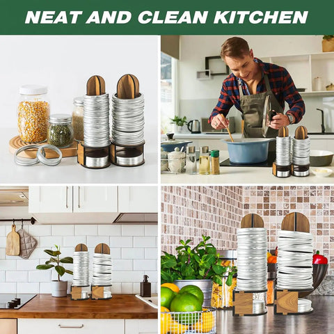 Kick The Lid Shuffle With Premium Solid Wood Mason Jar Organizer, 2 Pack Canning Rack, Stress Free Storage For Regular And Wide Mouth Rings, Level Up Your Kitchen Setup Now - Two trays holding mason jar lids in a clean kitchen.