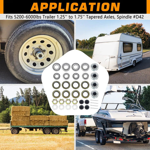 Trailer Axle Hub Bearings Kit With 2.44 Inch Dust Caps And Seals For 5200 To 6000 Lbs Trailers Tapered Spindle D42 image