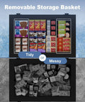 Sleek 7.1 Cubic Foot Chest Freezer In Classic Black With Seven Level Temperature Control showing removable storage basket filled with frozen foods.