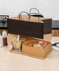 100 Pack Stand Open Paper Shopping Bags With Handles For Grab And Go Takeout And Retail Durable Kraft Paper Carrier Bags 14.17 x 8.26 x 13.19 Inches Easy Carry Totes For Gifts Groceries And Everyday Shop Runs with food and drink inside