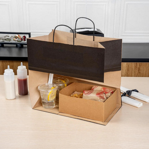 100 Pack Stand Open Paper Shopping Bags With Handles For Grab And Go Takeout And Retail Durable Kraft Paper Carrier Bags 14.17 x 8.26 x 13.19 Inches Easy Carry Totes For Gifts Groceries And Everyday Shop Runs with food and drink inside