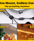 Adhesive-Backed Cable Tie Mounts 100 Pack, UV Black shown organizing cables, holiday decor, and outdoor lights.