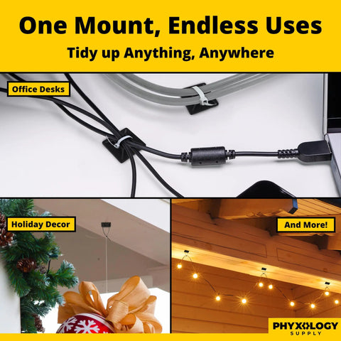 Adhesive-Backed Cable Tie Mounts 100 Pack, UV Black shown organizing cables, holiday decor, and outdoor lights.