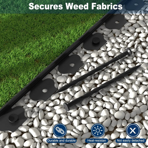 Black 40 Ft Landscape Edging Border Kit with 40 Spikes, 2 Inch High shown installed in garden with lawn and pebbles