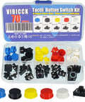 Dope 70 Piece 12x12x7.3mm Tactile Button Switch Kit with 4 Pin PCB Micro Switches and Caps, shown in box with 5 color caps