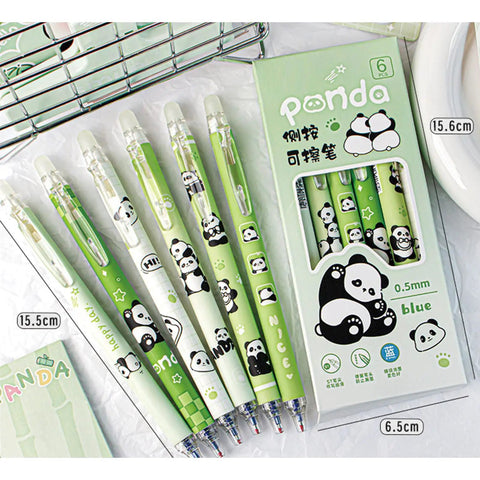 Six Pack Panda Erasable Retractable Gel Ink Pens 0.5mm Blue Ink Too Cute Panda Design displayed with packaging, pens laid flat.